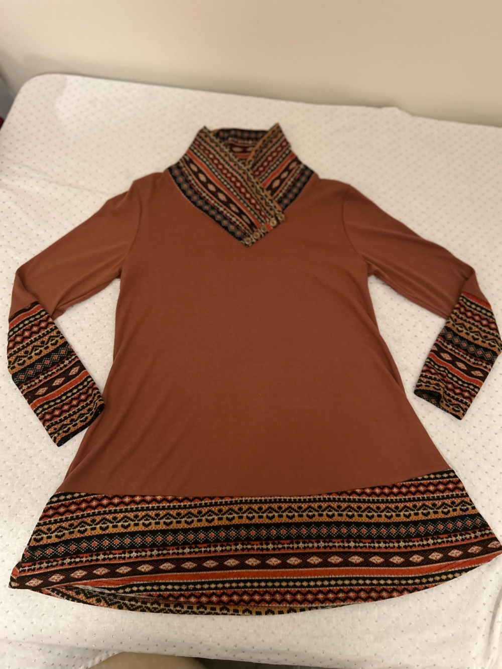 Bebonnie Women's Brown Multicolor Knit Stretch Tunic Top XL Cowl Neck Aztec